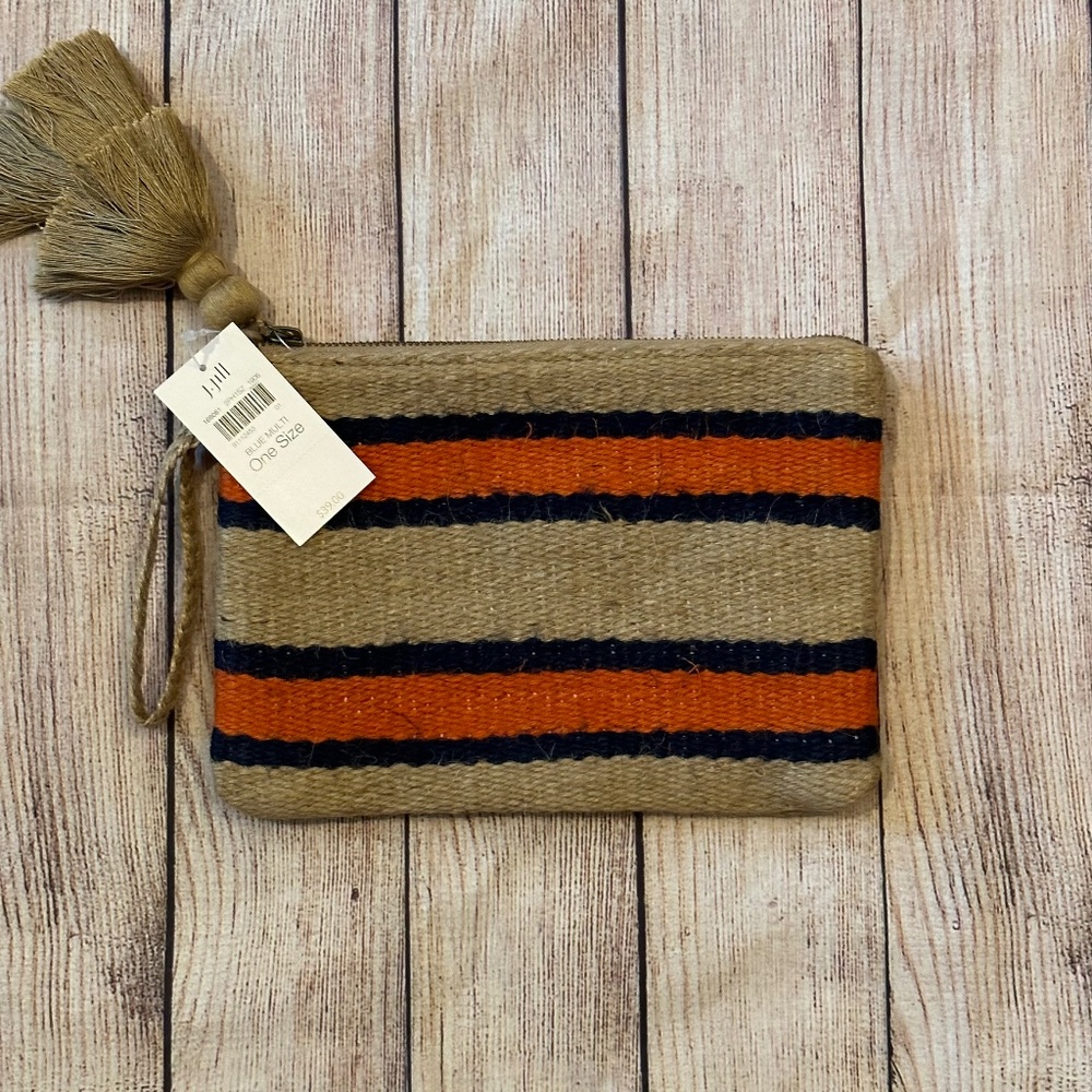 J. Jill Striped Pouch Jute Zip Top Tassel Wristlet / handbag NWT
